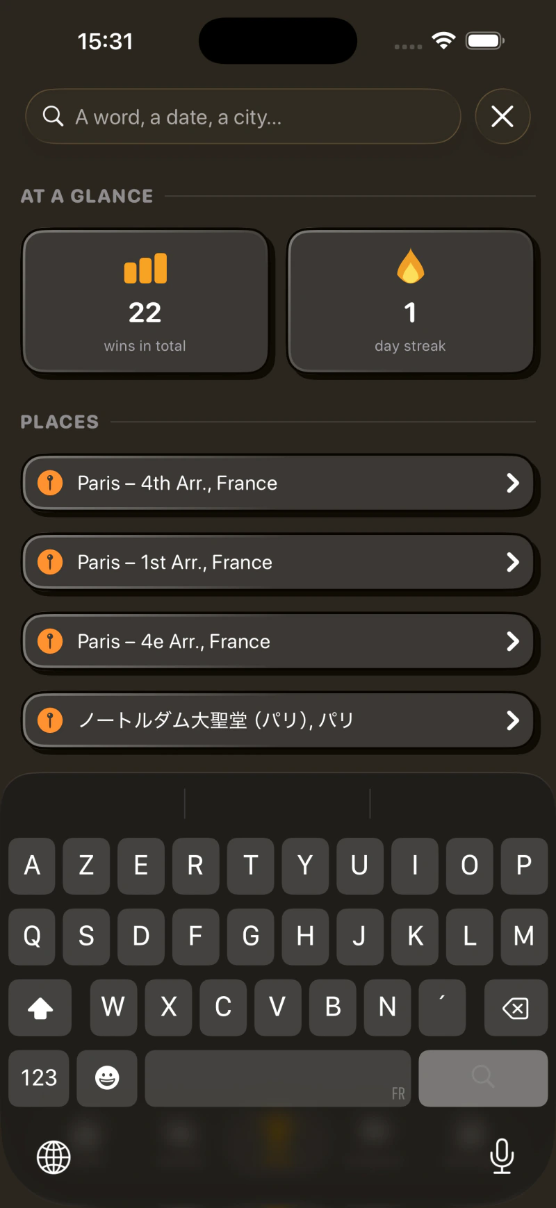 Search view in Potch 2.0 with stats and places suggestions